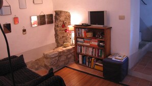 A cozy living room with a stone fireplace, a bookshelf filled with books, a flat-screen TV on a wooden stand, and a lamp. - traditional house in  beautiful APRICALE, Liguria, experience the real Italy! (Apricale)