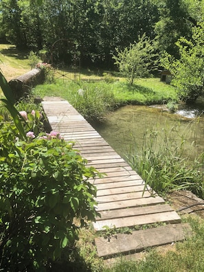 Un pont en bois enjambant un petit ruisseau dans un jardin luxuriant.