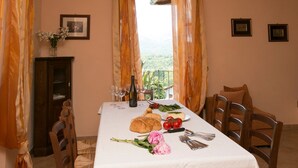 A dining table set with bread, tomatoes, and flowers, with a bottle of wine and glasses on a balcony overlooking a scenic landscape. - Spacious 5 bedroom villa with private pool, full wheelchair access with lift (Garfagnaana)