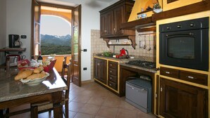 A kitchen with a view of mountains, a stove, oven, and various kitchen utensils. - Spacious 5 bedroom villa with private pool, full wheelchair access with lift (Garfagnaana)