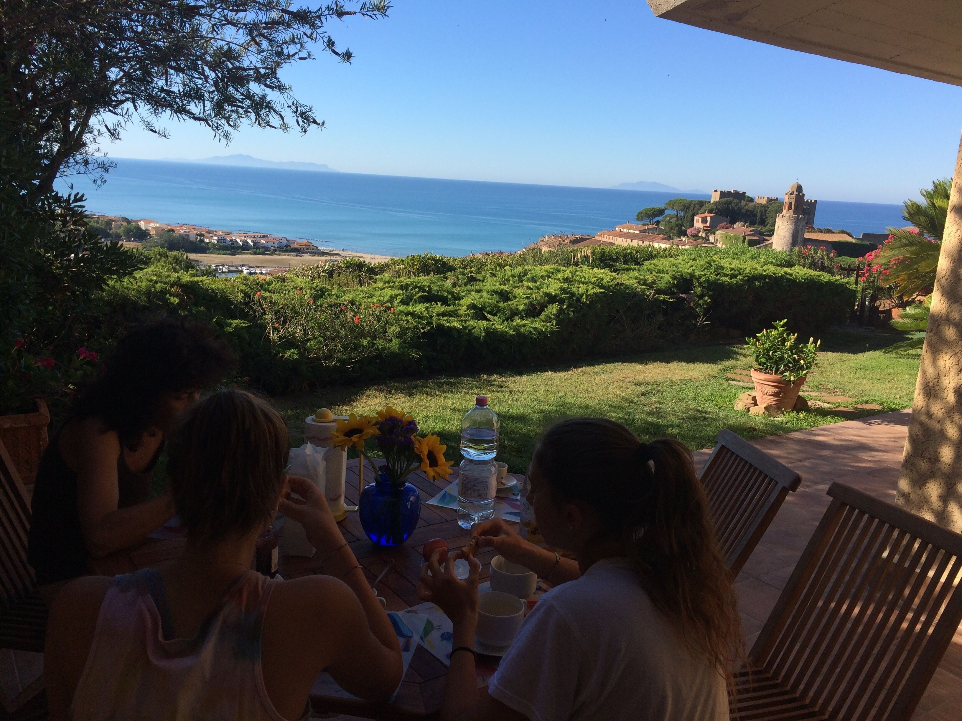 A group of people dining outdoors with a view of the sea and a castle-like structure in the background.