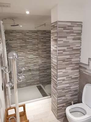 Douche, séchoir à cheveux, bidet, serviettes fournies