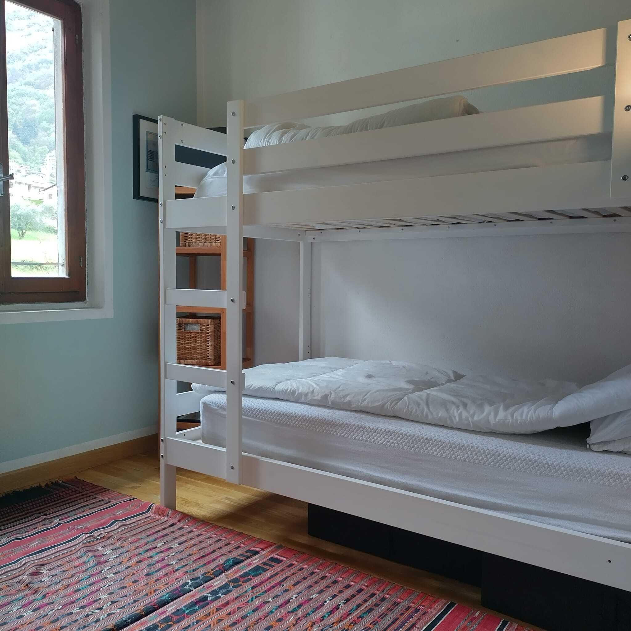 Un lit superposé avec une échelle, une fenêtre donnant sur un paysage verdoyant et un tapis à motifs sur le sol.
