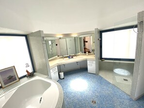 Bathtub, hair dryer, bidet, towels