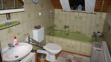 Combined shower/tub, hair dryer, towels, soap