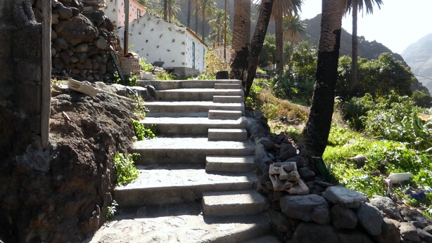 Un conjunto de escalones de piedra que ascienden una colina, rodeados de palmeras y un edificio de fachada blanca.