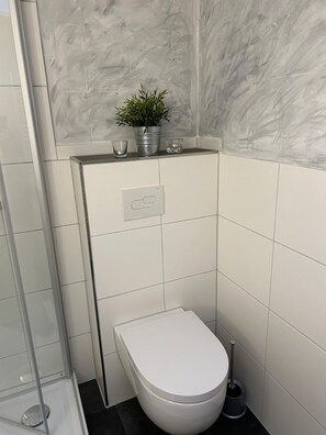 Shower, hair dryer, towels, toilet paper