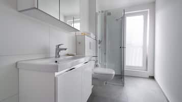 Dusche, Haartrockner, Handtücher, Seife