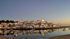 Une ville côtière avec des bâtiments qui bordent le front de mer, une église imposante et des bateaux amarrés dans le port.