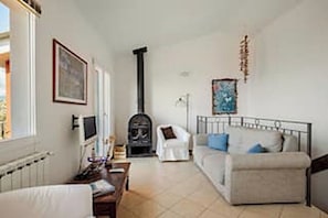 A living room with a sofa, a fireplace, a television, and a radiator. - Hillside overlooking the sea (italien)