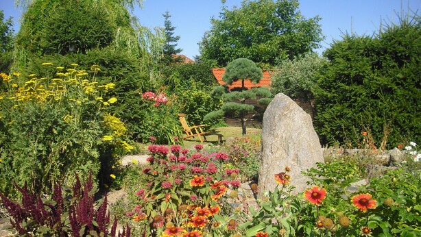 A garden with various plants and flowers, a wooden bench, and a large rock. - Detached house, fireplace, huge garden, small stream, idyllic, tranquillity, pure nature (Mittenwalde)
