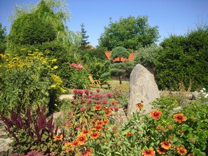 Um jardim com diversas plantas e flores, um banco de madeira e uma grande rocha.