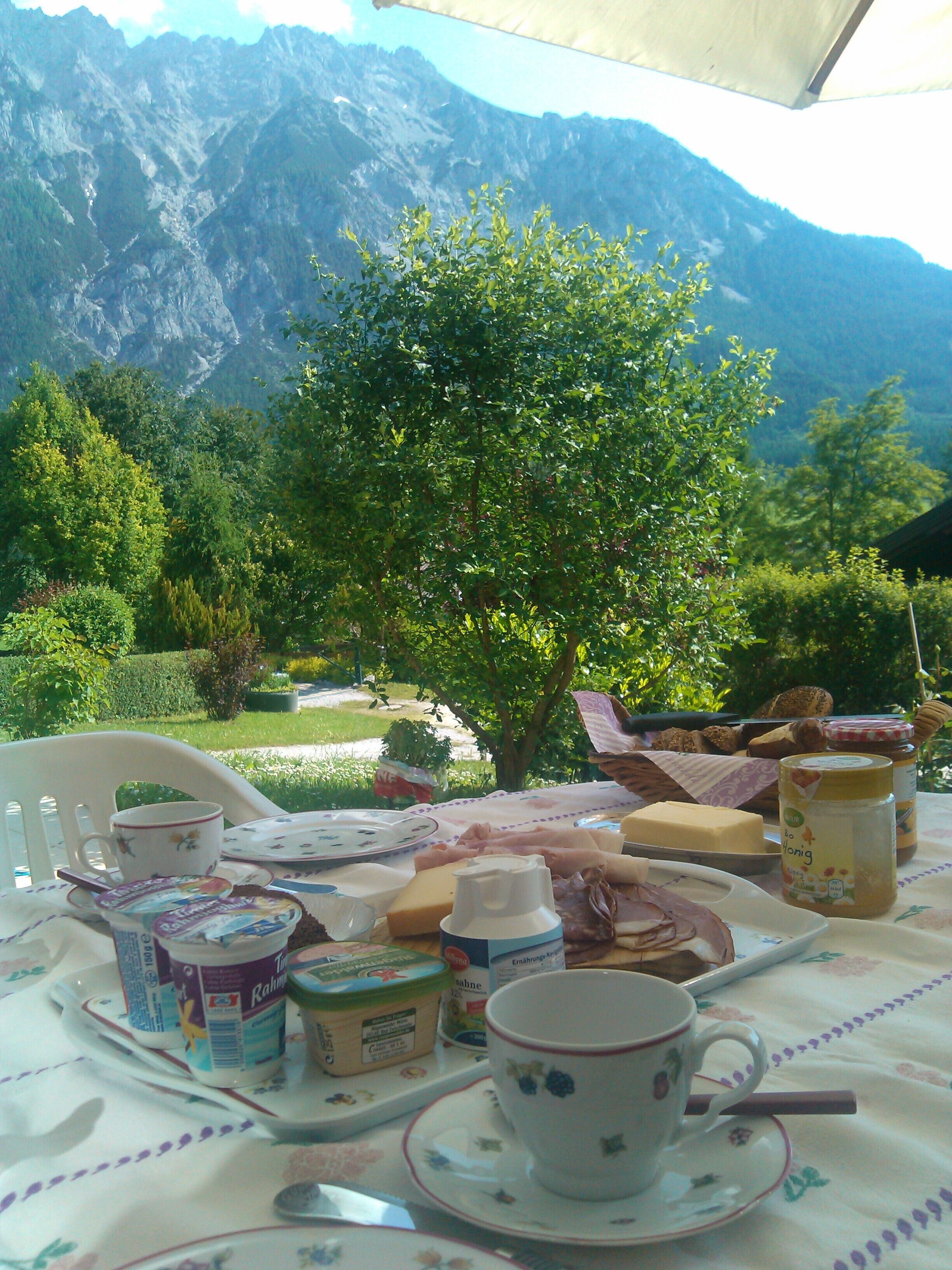 Petit-déjeuner sur la terrasse devant la maison, superbe vue de la Kammspitze.