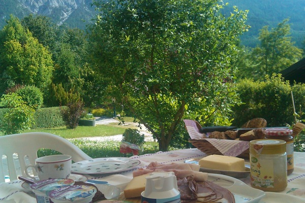 Petit-déjeuner sur la terrasse devant la maison, superbe vue de la Kammspitze.