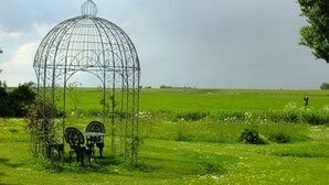 A gazebo with a metal framework and a glass top, surrounded by a grassy field with scattered flowers and a few chairs. - Cozy "Schwedenhaus" with a beautiful view, located on the water (Idsegahuizum)