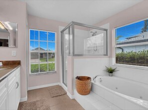 Bathtub, hair dryer, towels, toilet paper