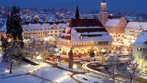 Un edificio histórico con una torre destacada y ventanas arqueadas, rodeado de calles y árboles cubiertos de nieve.