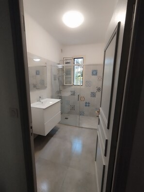 Bathtub, hair dryer, towels, toilet paper