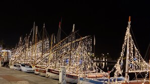 A marina at night with boats decorated with lights.