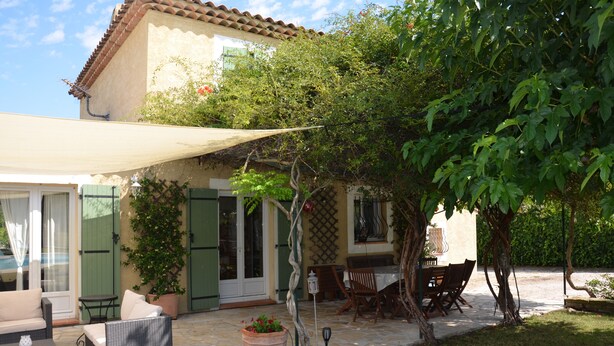 Un patio con mobiliario exterior, una planta grande en maceta y una pérgola que ofrece sombra.