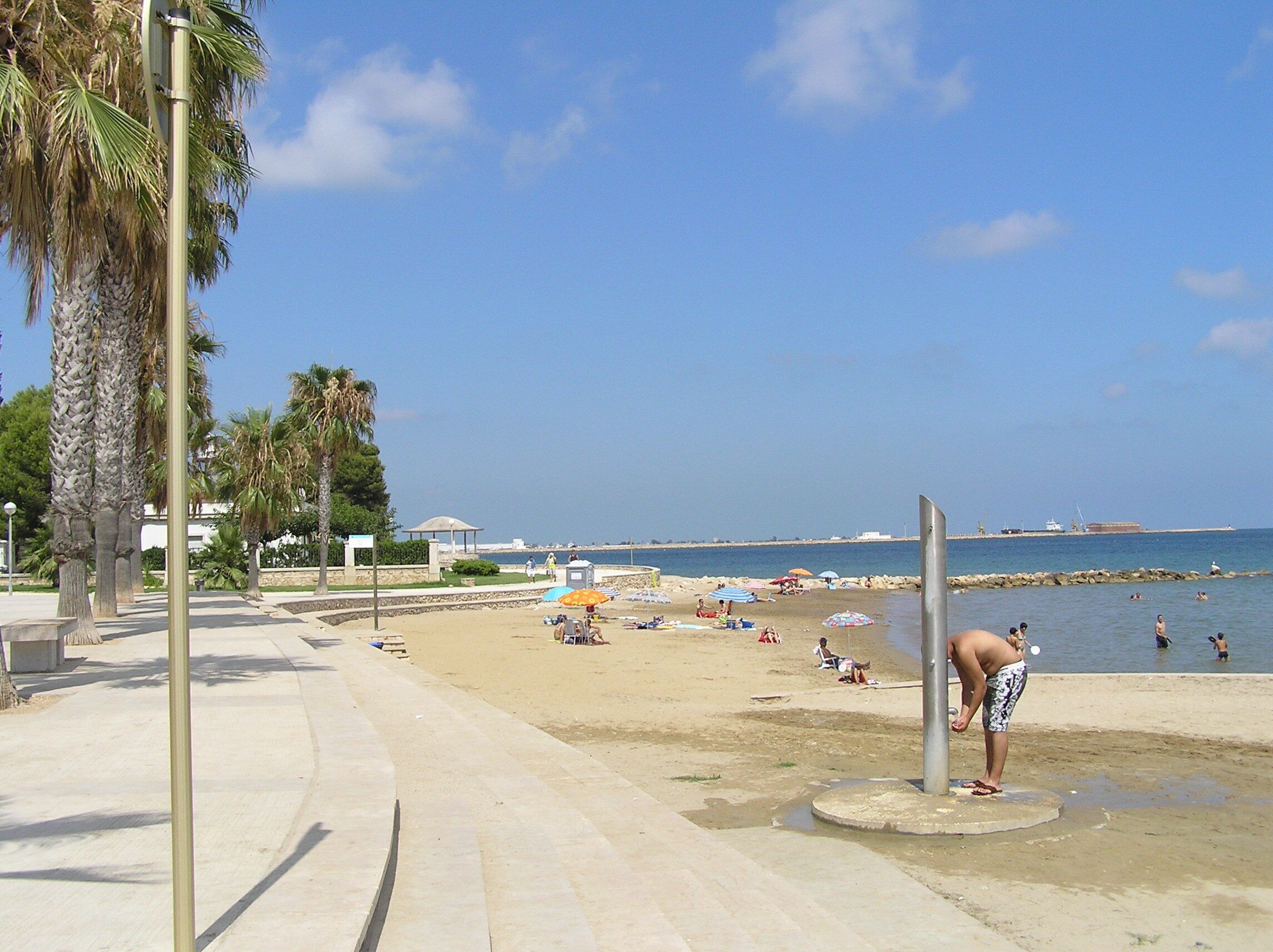 Una spiaggia con palme, ombrelloni e persone che nuotano.