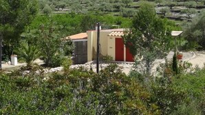Un piccolo edificio con una porta rossa, immerso nel verde e circondato da alberi.