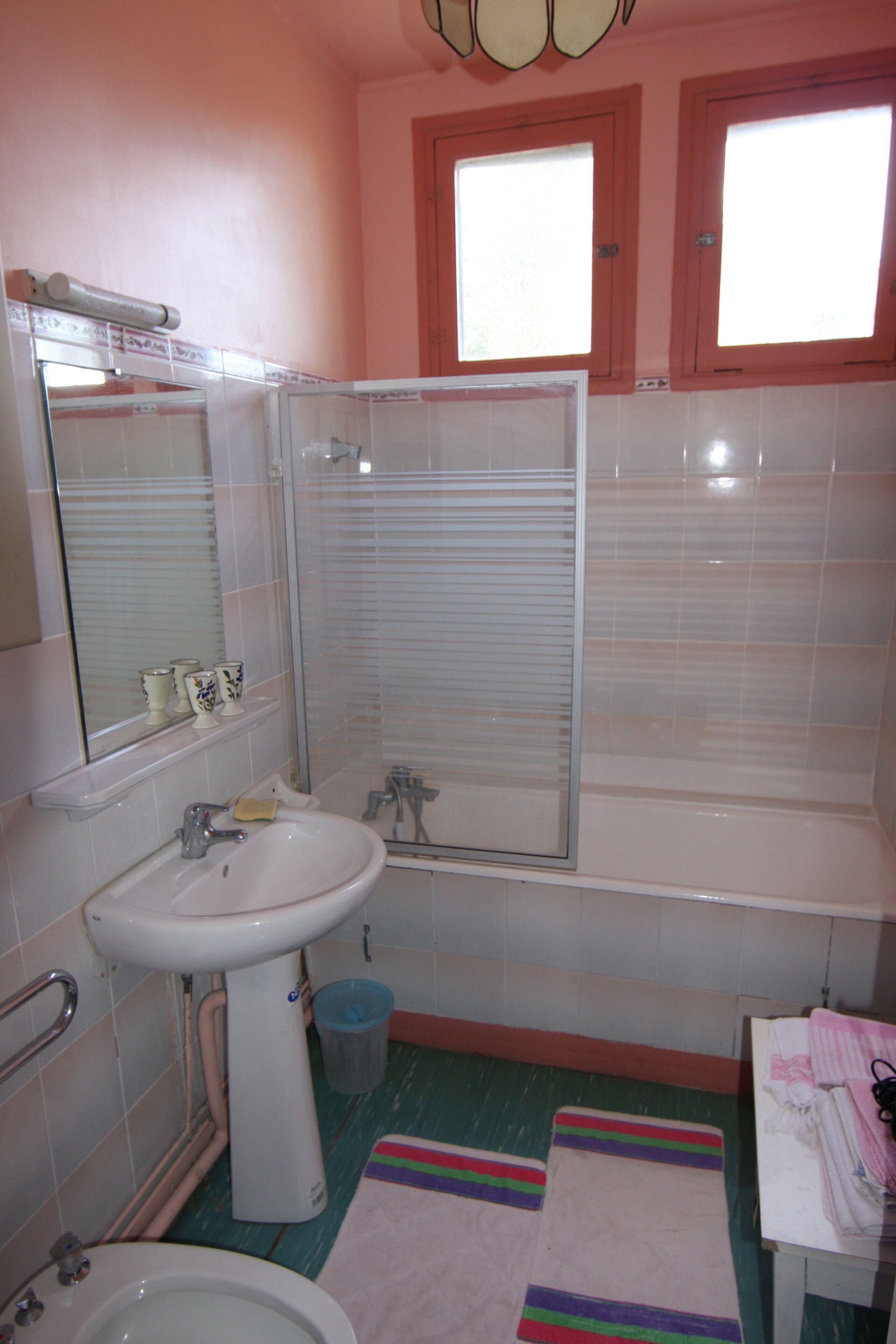A bathroom with a sink, mirror, shower, and a window.