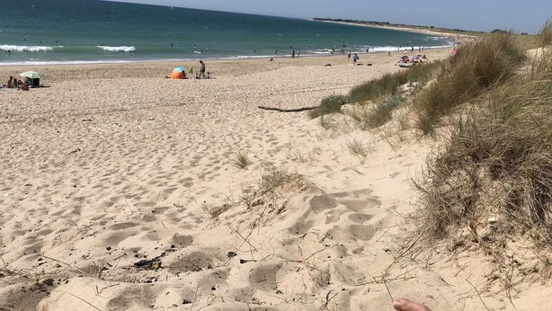 A sandy beach with a tent and people.