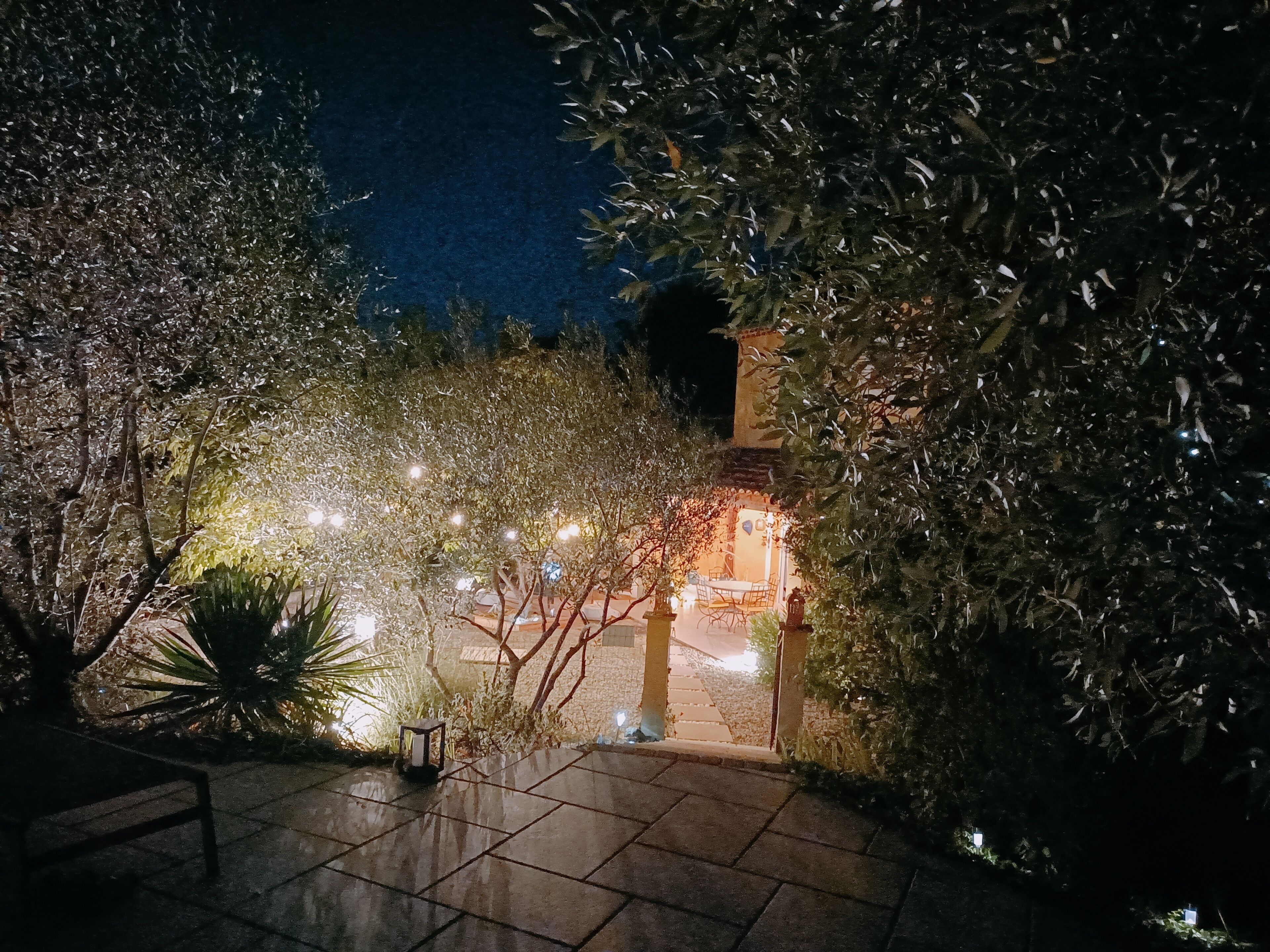 Ein Außenbereich bei Nacht mit Terrasse, Pflanzkübeln und einem Hauseingang.