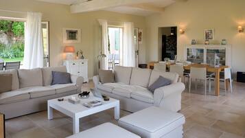 Televisie, een open haard, videospelletjes en een dvd-speler