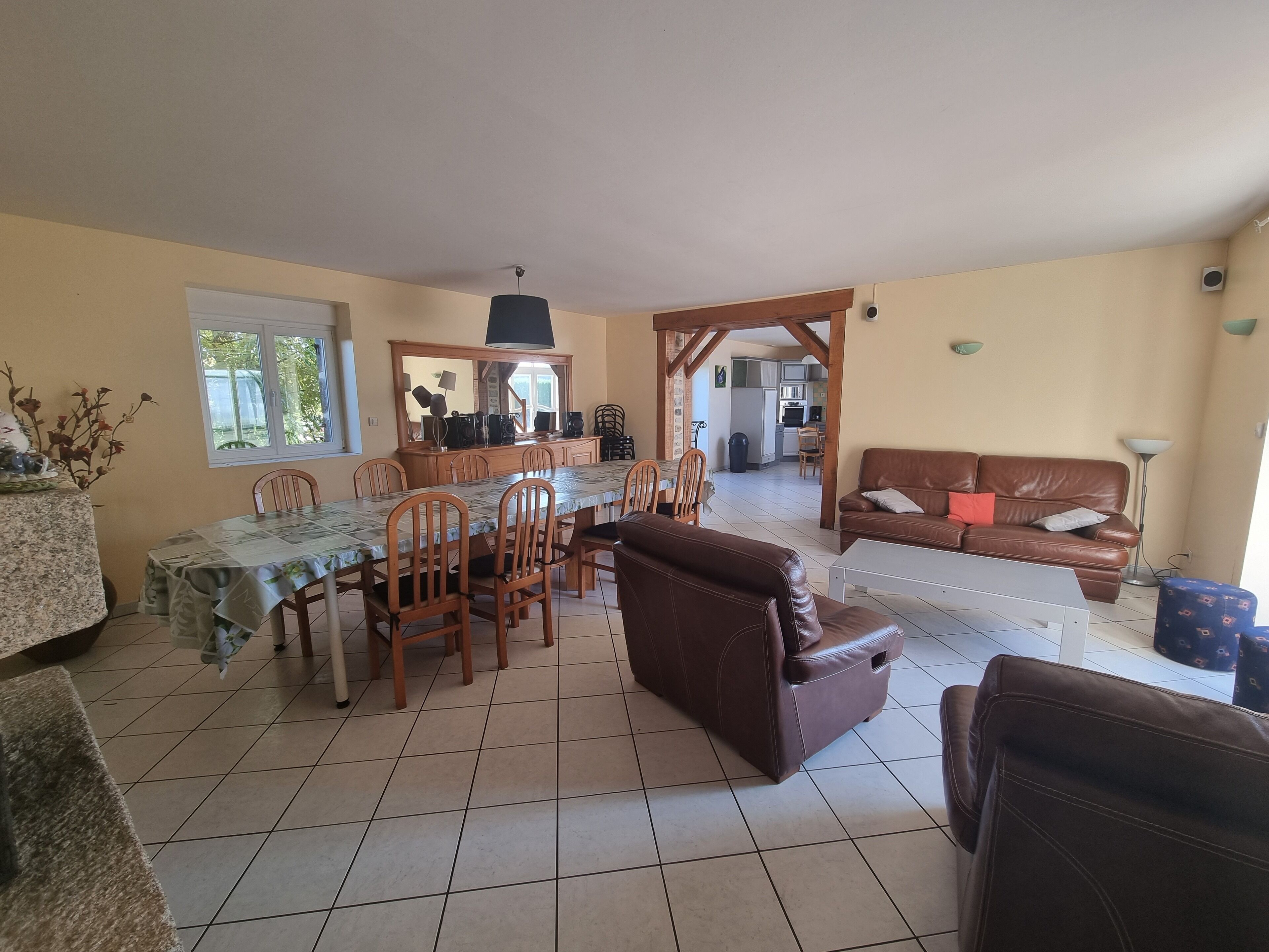 Télévision, cheminée, chaîne hi-fi