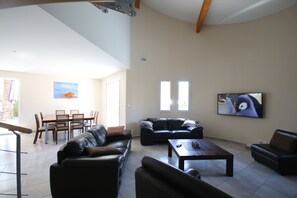 TV connectée, cheminée, lecteur de DVD, chaîne hi-fi