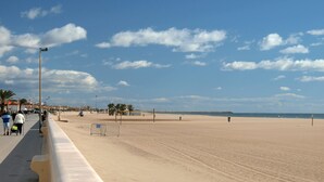 Une plage avec une promenade dallée, des palmiers et un ciel dégagé.