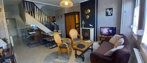 Televisión, chimenea, reproductor de DVD, libros