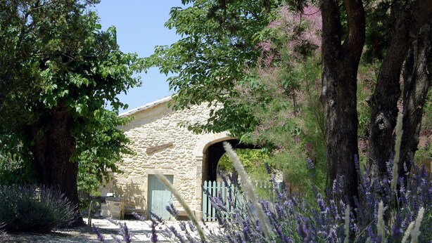 A stone building with a rustic entrance, surrounded by trees and lavender plants. - Charming furnished apartment in Mas, UzËs, pool, 656 yards away from town centre (Uzès)