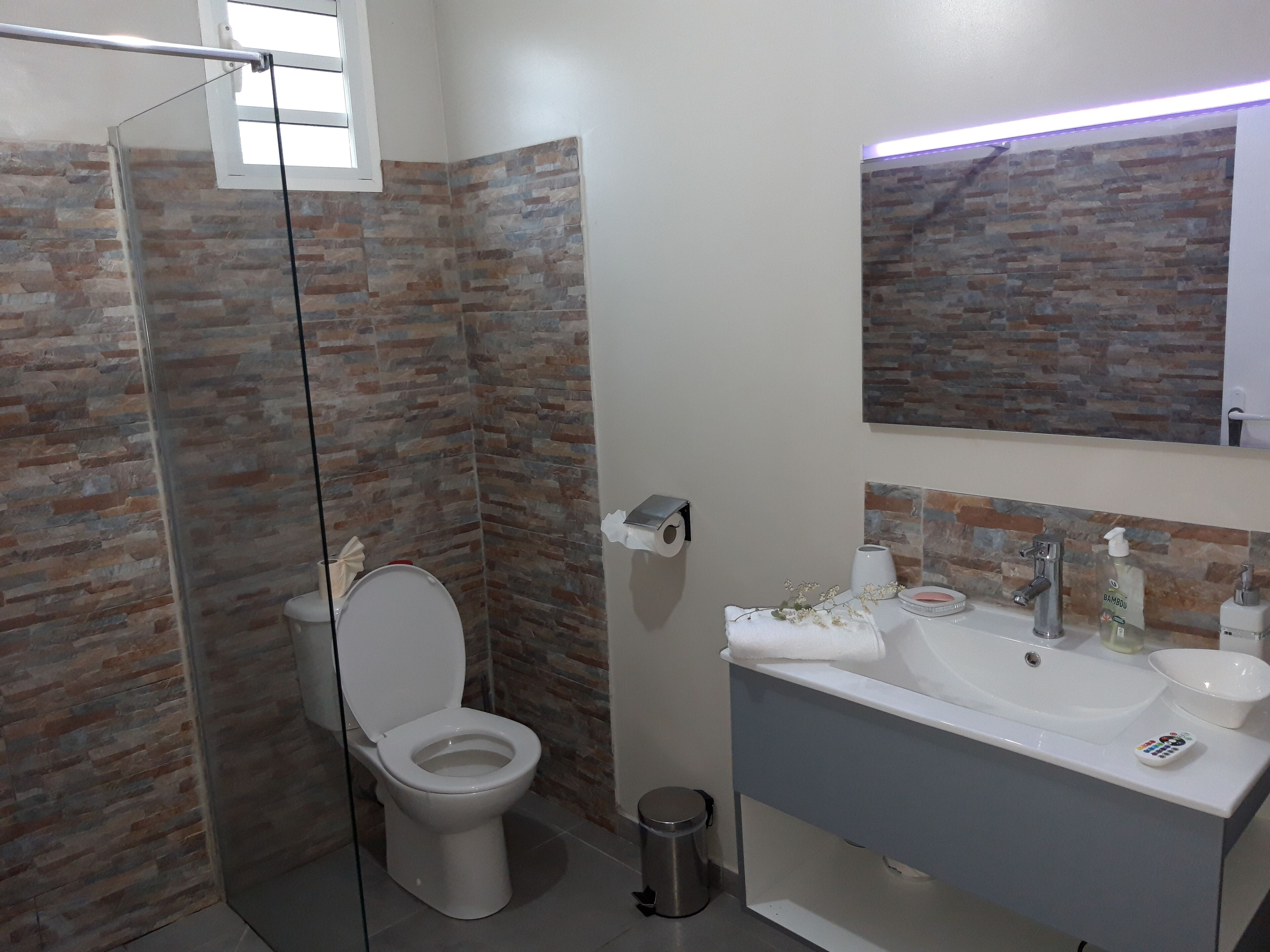 A modern bathroom with a glass shower enclosure, a white toilet, a sink with a mirror, and a toilet paper holder.