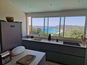 A modern kitchen with a view of the sea.