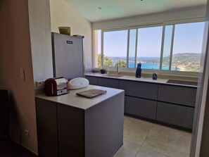 A modern kitchen with a view of the sea, a built-in oven, and a small island with a toaster.