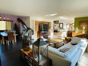 Smart TV, lareira, livros