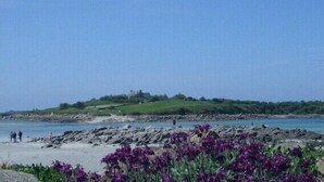 A coastal landscape with a rocky beach, purple flowers in the foreground, and a building on a grassy hill in the background. - comfortable house private indoor heated pool 28 ° C 450m sandy beaches (Santec)