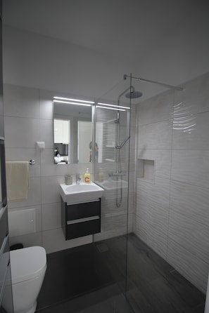 Combined shower/tub, hair dryer, towels, soap