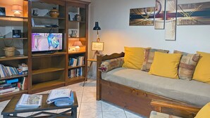 A cozy living room with a wooden bookshelf, a television, a sofa with yellow cushions, and a coffee table with books and papers. - Successful holiday whatever the weather (Ancy-Le-Franc)