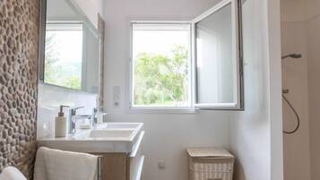 Shower, hair dryer, towels