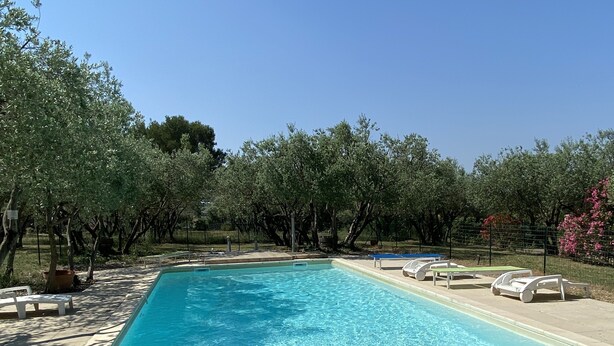 Une piscine rectangulaire entourée d’une terrasse carrelée.