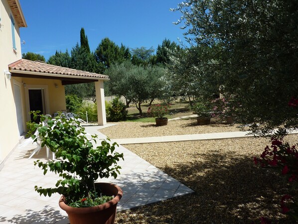 A patio area with a pergola, potted plants, and a gravel path leading to a building entrance.