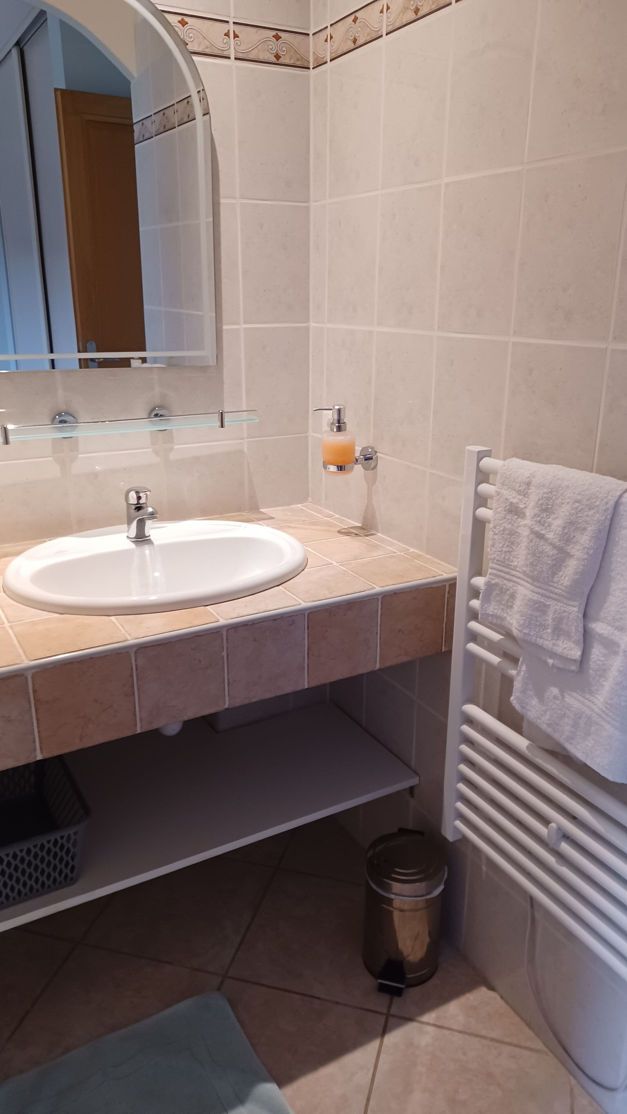 Ein Badezimmer mit Waschbecken, Spiegel, Handtuchhalter und Mülleimer.
