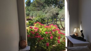 Une vue à travers une porte en arc donnant sur un jardin où l’on aperçoit des fleurs roses et des arbres.