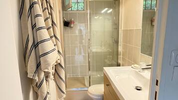 Shower, hair dryer, soap, toilet paper
