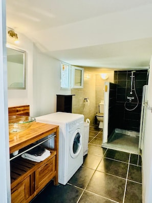 Combined shower/bathtub, hair dryer