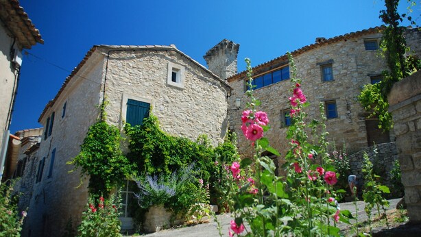 Un bâtiment en pierre, doté d’une petite fenêtre et d’une porte, entouré d’une végétation luxuriante et de fleurs roses.